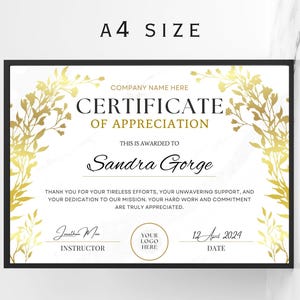 May include: A white certificate of appreciation with gold floral accents. The text reads "Certificate of Appreciation" and "This is awarded to Sandra Gorge". The certificate also includes the text "Thank you for your tireless efforts, your unwavering support, and your dedication to our mission. Your hard work and commitment are truly appreciated."