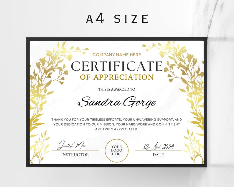 May include: A white certificate of appreciation with gold floral accents. The text reads "Certificate of Appreciation" and "This is awarded to Sandra Gorge". The certificate also includes the text "Thank you for your tireless efforts, your unwavering support, and your dedication to our mission. Your hard work and commitment are truly appreciated."