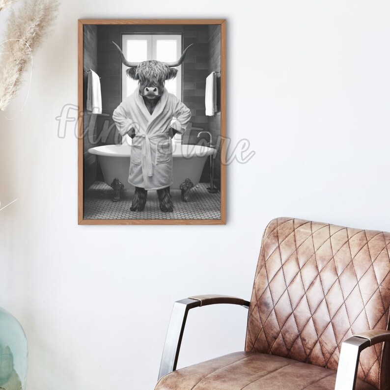 Funny Highland Cow Wall Art, 12 Funny Bathroom Wall Decor, Cow on Toilet, Printable Ai Art, Funny Animal Canvas Print, Cow Taking a Bath. image 2