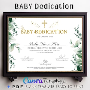 Certificado de bautismo editable, certificado de dedicación de bebé, plantilla de dedicación de niño de Canva, certificado de bautismo editable