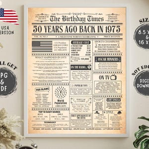 50th Birthday Newspaper Sign, in the Year 1975 Birthday Gift for Men or Women, back in 1975 Newspaper Fun Facts, Birthday Decorations, USA.
