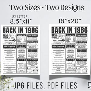 May include: Two black and white prints with the text "BACK IN 1986" and information about the year. The prints are available in two sizes: 8.5"x11" and 16"x20". The prints include details about the president, world population, and sports champions.