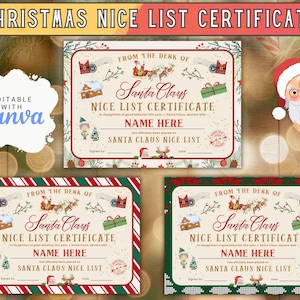 Certificado editable de lista agradable de Navidad, regalo navideño, plantilla de Canva, correo navideño imprimible del Polo Norte, regalo de Navidad.