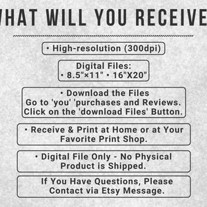 May include: A digital print information sheet with the title "WHAT WILL YOU RECEIVE?" in bold, black text. The sheet details high-resolution digital files in 8.5"x11" and 16"x20" sizes, download instructions, and printing options.