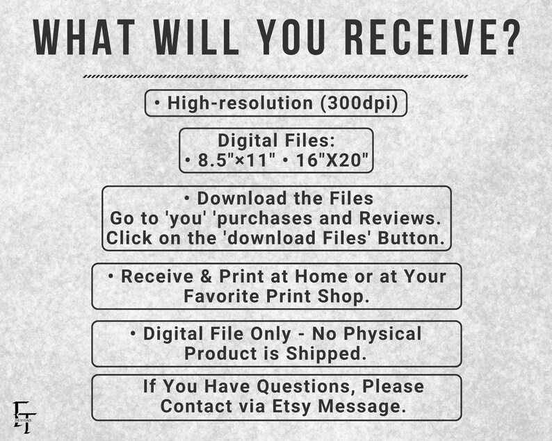 May include: A digital print information sheet with the title "WHAT WILL YOU RECEIVE?" in bold, black text. The sheet details high-resolution digital files in 8.5"x11" and 16"x20" sizes, download instructions, and printing options.