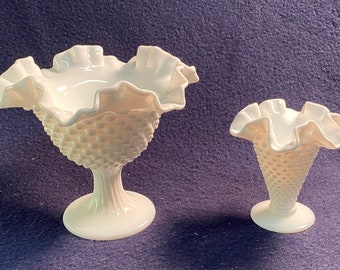 2-Milk Glass hobnail ruffled candy dish bowl planters
