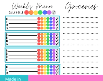 May include: A printable weekly meal planner template with a rainbow color scheme. The template includes a section for daily goals, a weekly menu, and a grocery list. The text "UPF WEEKLY MEAL PLANNER" is at the bottom of the template.