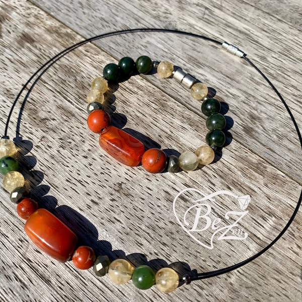 Collier et bracelet Prospérité pour femme en citrine, cornaline et jade nephrite