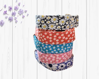 May include: A stack of five fabric pet collars featuring daisy floral patterns in black, red, blue, pink, and purple. Each collar includes a metal buckle and adjustment hardware. The collars are arranged vertically, showcasing the distinct color variations.