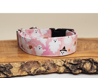 Collar rosa fantasma para perro, sombrero de bruja de Halloween, estampado de calabaza, accesorio para mascotas hecho a mano