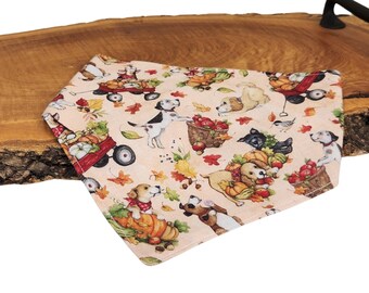 Pañuelo para perro de otoño: tejido de algodón reversible, estampado de perros en cestas (coletero opcional).