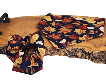 Pañuelo para perro con estampado de manzanas de otoño: Bufanda reversible de algodón para mascotas (coletero opcional)