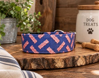 Collar para perro con estampado de tocino, nailon resistente, lavable, con lazos opcionales.