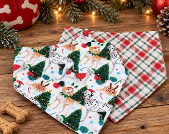 Pañuelo navideño para perros: Bufanda reversible de algodón con diseño de árboles de Navidad para mascotas, ideal para perros con gafas (se puede colocar sobre el collar o con clip en forma de W).