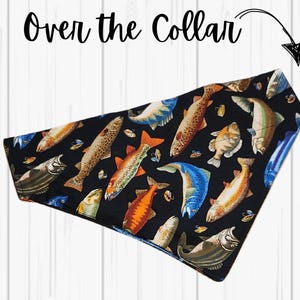Fish Dog Bandana: Blue Fishing Print, Over the Collar or Clip Style