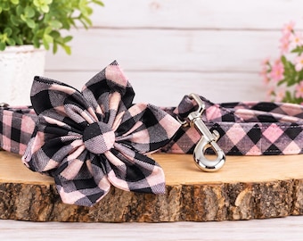 Collar rosa a cuadros para perro con lazo, correa de nailon resistente, accesorio lavable para mascotas.