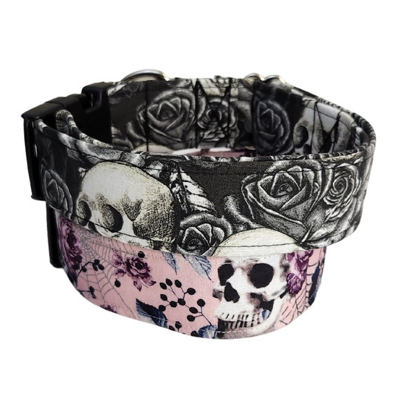 Skull Dog Collar |Pink or Black | Small to Giant Breeds | Wide Collar | Bow or Flowerets Also Available