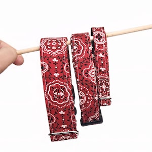 May include: Three red and white patterned dog collars with black buckles and silver hardware are displayed against a white background. The collars are hanging from a wooden dowel. The pattern is a classic bandana design.