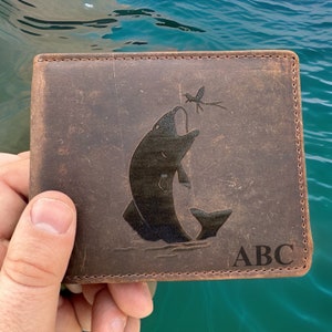 Rustic Leather Fishing Wallet. Personalized Gift for Him. Fishing Gift. Fish and Outdoor Custom Wallet for Men. Personalized Leather Wallet.