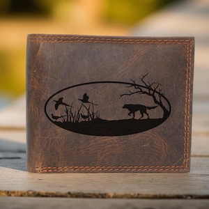 Cartera plegable de cuero genuino para cazar faisanes para hombre. Regalo personalizado para el Día del Padre. Cartera con diseño de faisán para hombre.