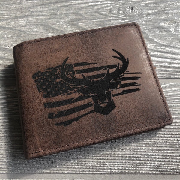Personalized Men's RFID-Blocking Leather Wallet with Deer Hunting Flag Design. Unique Christmas Gift for Dad and Men. Rustic Leather Wallet.