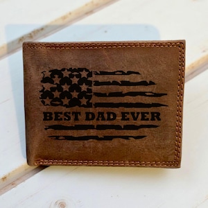 Cartera Bigold de cuero genuino con la bandera estadounidense "El mejor papá del mundo". Regalo personalizado para el Día del Padre y el Esposo. Cartera con bloqueo RFID.