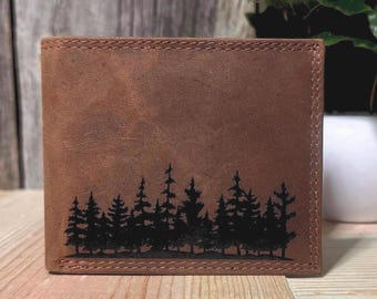 Personalized Rustic Leather Bi-Fold Wallet: Forest Engraving, RFID Blocking
