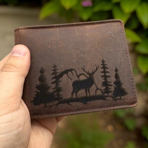 Personalized Men's RFID-Blocking Leather Wallet with Deer Hunting Design. Unique Christmas Gift for Dad and Men. Rustic Leather Wallet.