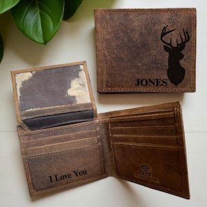 Custom Men’s Genuine Leather Wallet – Deer Hunting Bi Fold RFID Wallet – Personalized Rustic Gift