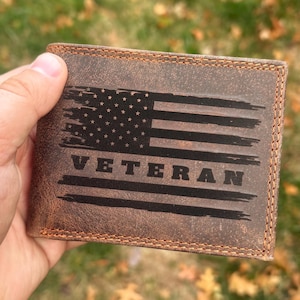 Engraved American Flag Leather Wallet – Personalized RFID Bi-Fold. Gift for American Veteran.