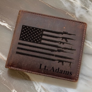 American Flag Leather Wallet. Personalized Father's Day Gift for Dad. Police, Military, and Veteran Leather Wallet. Genuine Leather Wallet.