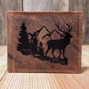 Engraved Elk Hunting Bi-Fold Wallet, Rustic Genuine Leather, Personalized Gift for Him