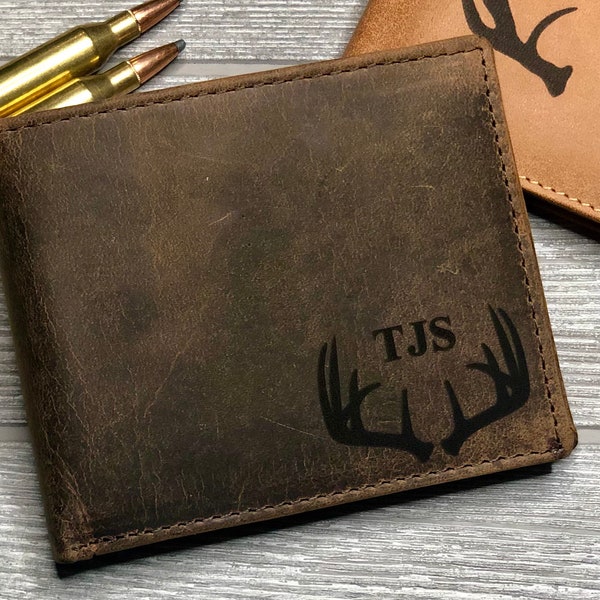 Men’s Rustic Leather Deer Hunting Wallet. Multiple Designs, Colors, and Personalization options. BiFold with middle flap. Leather Wallet.