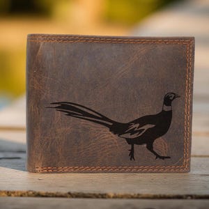 Cartera plegable de cuero genuino para caza de faisán para hombre. Regalo personalizado para el Día del Padre. Cartera de cuero con bloqueo RFID para hombre.