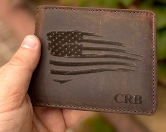 Personalized American Flag Men's Leather Wallet. Rustic Flag and Veteran Designs Leather Wallet. Great Christmas Gift or Gift for Dad or Son