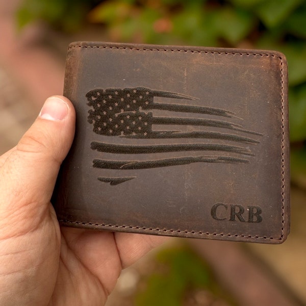 Personalized American Flag Men's Leather Wallet. Rustic Flag and Veteran Designs Leather Wallet. Great Christmas Gift or Gift for Dad or Son