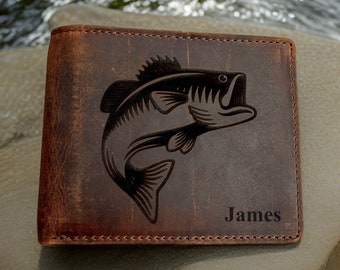 Rustic Leather Fishing Wallet. Personalized Gift for Him. Fishing Gift. Fish and Outdoor Custom Wallet for Men. Personalized Leather Wallet.