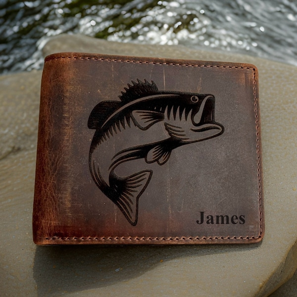 Rustic Leather Fishing Wallet. Personalized Gift for Him. Fishing Gift. Fish and Outdoor Custom Wallet for Men. Personalized Leather Wallet.