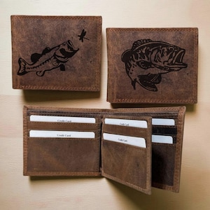 Cartera de pesca de cuero personalizada – Cartera plegable RFID con grabado de pez