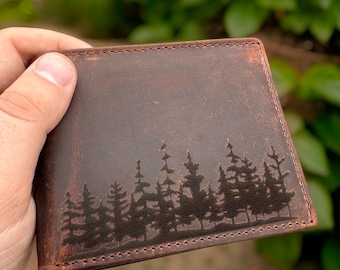 Personalized Men's RFID-Blocking Leather Wallet with Forest Design. Unique Christmas Gift for Dad and Men. Men's Rustic Leather Wallet.