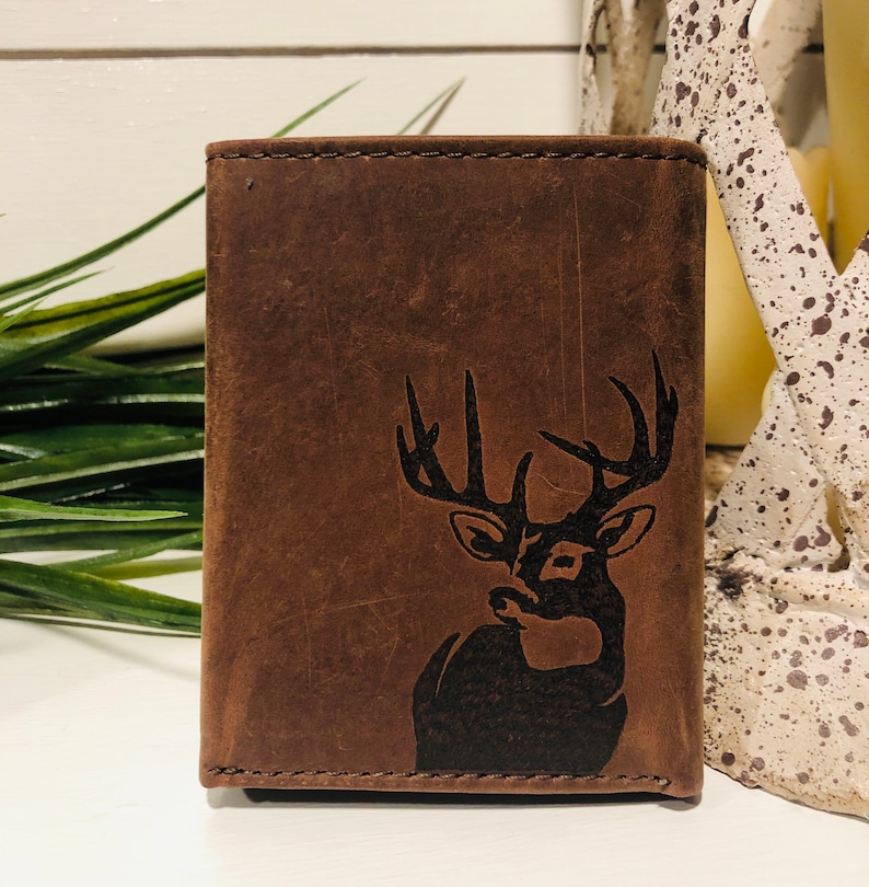 Mens Rustic Leather Deer Hunting Wallet. Personalized Hand Etsy