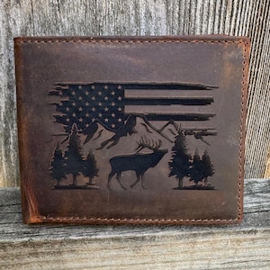 Cartera de cuero para cazar alces para hombre. Regalo de caza personalizado para el Día del Padre. Cartera de cuero genuino para hombres. Cartera para cazar alces