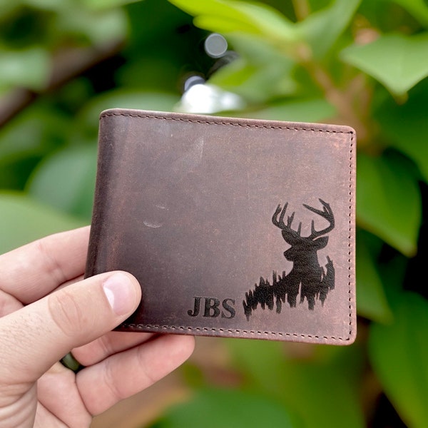 Personalized Deer Wallet, Groomsmen Wallet, Engraved Leather Wallet for Dad, Christmas Gift, Personalized Wallet, Custom Wallet for Men.