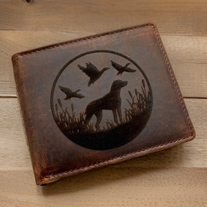 Cartera rústica de cuero para cazar perros para hombre. Múltiples diseños y opciones de personalización. Gran regalo de Navidad para papá o hijo. Día del padre.