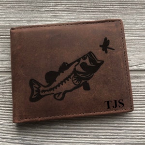 Men’s Rustic Leather Fishing & Fish Wallet. Multiple Designs, Colors, and Personalization options. BiFold with middle flap. Leather Wallet.