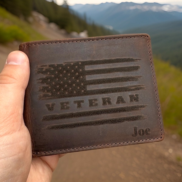 Men’s Rustic Leather Flag & Veteran Wallet. Multiple Designs and Personalization options. Men's Leather Wallet Christmas Gift For Men.