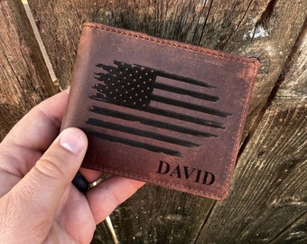 Personalized American Flag Men's Leather Wallet. American Flag Wallet for Men. Great Christmas Gift or Gift for Dad, Son, or Father's Day!