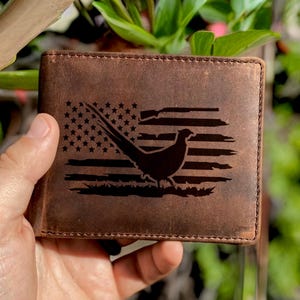 Cartera de cuero genuino para hombre, con diseño de caza de faisán y bandera estadounidense. Regalo personalizado para el Día del Padre, ideal para cazar. Cartera de cuero para hombre.
