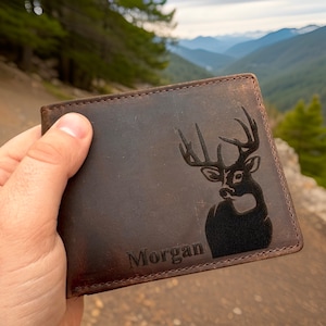 Men's RFID-Blocking Genuine Leather Wallet with Deer Hunting Design. Custom Gift for Dad and Husband. Mens Rustic Leather Deer Wallet.