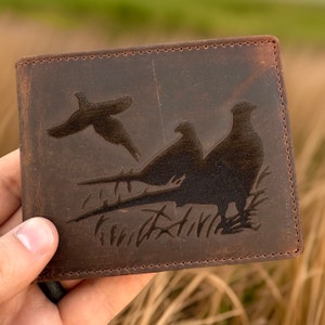 Cartera de cuero rústico para cazar faisanes para hombre. Cartera de cuero genuino para cazar para hombre. Regalo de graduación, regalo para padrinos de boda, regalo para el día del padre